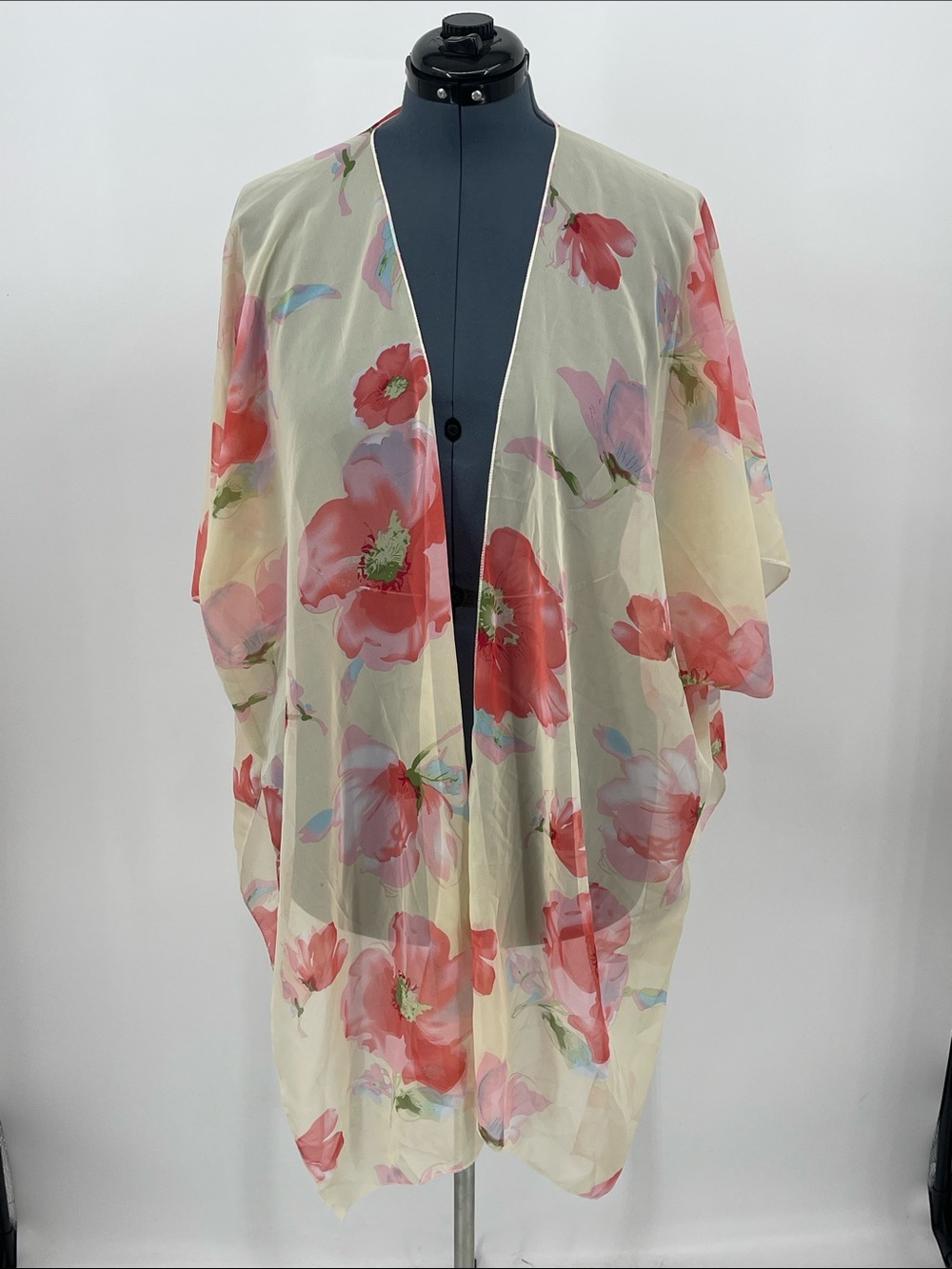 COEUR DE VAGUE Floral Sheer Kimono Tunic - Cream with Coral Pink Flowers